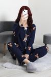 Kadın Kadife Yüzey Waffle Pijama Takımı Lacivert