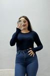 Kadın Bisiklet Yaka Parmak Geçmeli Viskon Body Lacivert