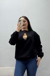 Kadın 3 İplik Şardonlu Baskılı Sweat Siyah