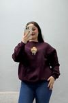 Kadın 3 İplik Şardonlu Baskılı Sweat Mürdüm