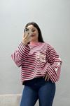 Kadın 3 İplik Şardonsuz Çizgili Baskılı Sweat Pembekahve