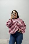 Kadın 2 İplik Çizgili Baskılı Sweat Pembekahve