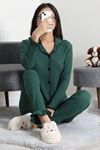 Kadın Bürümcük Düğmeli Pijama Takımı Zümrüt