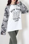 Kadın Reglan Kol Baskılı Sweat Beyaz Gri