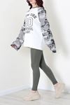 Kadın Reglan Kol Baskılı Sweat Beyaz Gri
