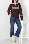 Kadın 3 İplik Şardonlu Baskılı Polo Yaka Sweatshirt Kahve