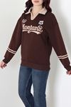 Kadın 3 İplik Şardonlu Baskılı Polo Yaka Sweatshirt Kahve