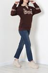 Kadın 3 İplik Şardonlu Baskılı Polo Yaka Sweatshirt Kahve
