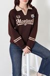 Kadın 3 İplik Şardonlu Baskılı Polo Yaka Sweatshirt Kahve