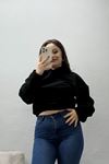 Kadın Bel Lastikli Crop 3 İplik Sweat Siyah