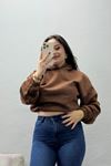 Kadın Bel Lastikli Crop 3 İplik Sweat Kahve