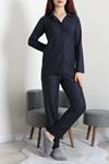 Kadın Süet Düğmeli Pijama Takımı Lacivertpuanlı