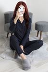 Kadın Süet Düğmeli Pijama Takımı Lacivertpuanlı