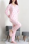 Kadın Süet Düğmeli Pijama Takımı Pembeçizgili