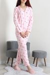 Kadın Süet Düğmeli Pijama Takımı Pembeçizgili