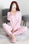 Kadın Süet Düğmeli Pijama Takımı Pembeçizgili