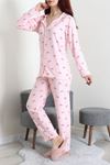 Kadın Süet Düğmeli Pijama Takımı Pembeçizgili