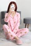 Kadın Süet Düğmeli Pijama Takımı Pembeayı