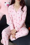 Kadın Süet Düğmeli Pijama Takımı Pembeçizgili