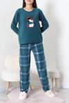 Kadın Polar Baskılı Pijama Takımı Petrolyeşili