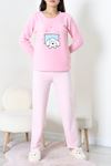 Kadın Polar Baskılı Pijama Takımı Pembe