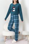 Kadın Polar Baskılı Pijama Takımı Petrolyeşili