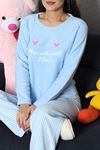 Kadın Polar Baskılı Pijama Takımı Açıkmavi
