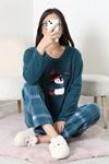 Kadın Polar Baskılı Pijama Takımı Petrolyeşili