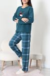 Kadın Polar Baskılı Pijama Takımı Petrolyeşili