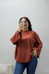 Kadın Kompakt Penye Kolağzı Geniş Salaş Oversize Pamuklu Sweat Kiremit