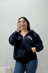 Kadın 3 İplik Şardonlu Oversize Fermuarlı Sweat Lacivert
