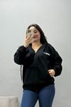 Kadın 3 İplik Şardonlu Oversize Fermuarlı Sweat Siyah