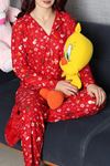 Kadın Süet Düğmeli Pijama Takımı Kırmızıkrem