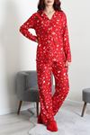 Kadın Süet Düğmeli Pijama Takımı Kırmızıkrem