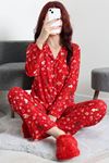 Kadın Süet Düğmeli Pijama Takımı Kırmızıkrem