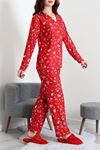 Kadın Süet Düğmeli Pijama Takımı Kırmızıkrem