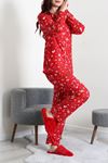 Kadın Süet Düğmeli Pijama Takımı Kırmızıkrem
