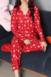 Kadın Süet Düğmeli Pijama Takımı Bordobeyaz