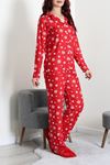 Kadın Süet Düğmeli Pijama Takımı Bordobeyaz