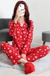 Kadın Süet Düğmeli Pijama Takımı Bordobeyaz