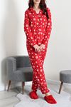 Kadın Süet Düğmeli Pijama Takımı Bordobeyaz