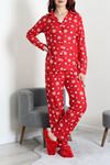 Kadın Süet Düğmeli Pijama Takımı Bordobeyaz