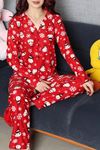 Kadın Süet Düğmeli Pijama Takımı Kırmızıbeyaz
