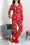 Kadın Süet Düğmeli Pijama Takımı Kırmızıbeyaz