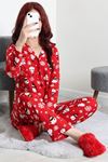 Kadın Süet Düğmeli Pijama Takımı Kırmızıbeyaz