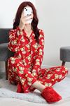 Kadın Süet Düğmeli Pijama Takımı Kırmızıvizon