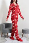 Kadın Süet Düğmeli Pijama Takımı Kırmızıbeyaz