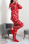 Kadın Süet Düğmeli Pijama Takımı Kırmızıbeyaz