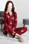 Kadın Süet Düğmeli Pijama Takımı Bordo