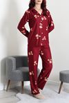 Kadın Süet Düğmeli Pijama Takımı Bordo